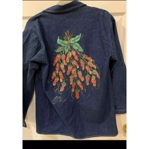 Vtg Denim Jean Jacket‎ Blazer Hand Painted Art Southwest Chili 80s Small Medium